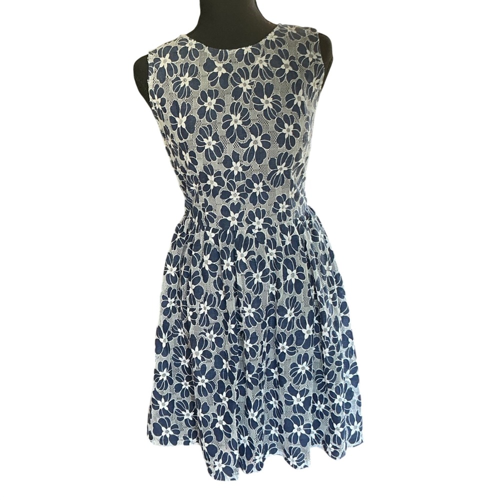 Poppy Lux Navy Blue White Floral Lace Fit Flare Dress Sleeveless US 2